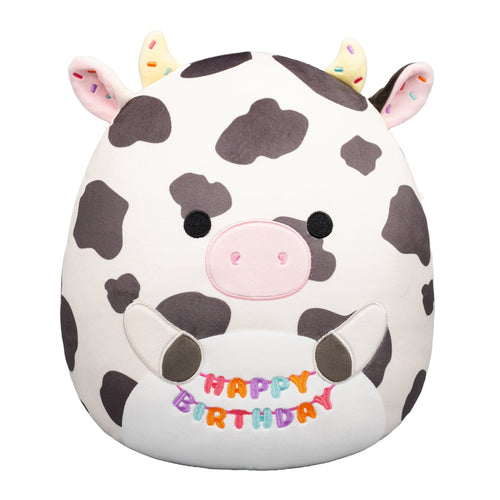 Squishmallows Colin Black and White Cow Plush with Birthday Sign 12"