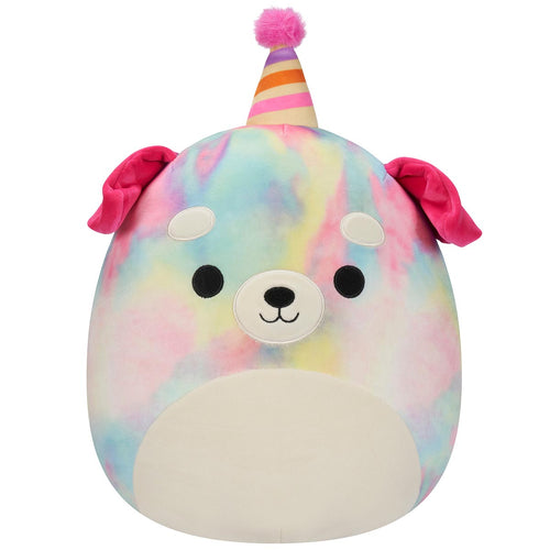 Squishmallows 12" Delenne the Rainbow Tie-Dye Dog With Party Hat Plush