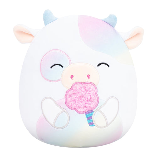 Squishmallows Belozi White Rainbow Tie-Dye Cow Holding Cotton Candy Plush 5"