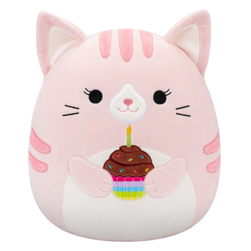 Squishmallows Laura Pink Tabby Cat Holding Birthday Cupcake Plush — 14"